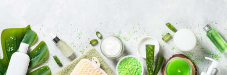 Aloe vera cosmetic at stone table top view.の写真素材