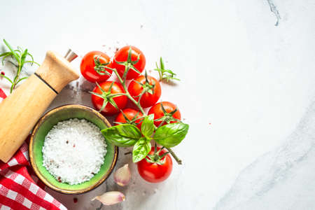 Food cooking background on white marble table.の写真素材