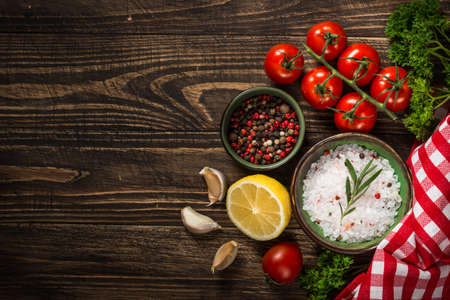 Food cooking background on wooden kitchen table.の写真素材
