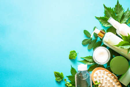 Natural cosmetics concept on blue flat lay.の写真素材