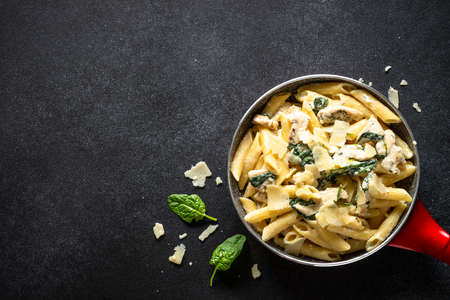 Pasta penne with chicken and spinach in creamy sauce.の写真素材