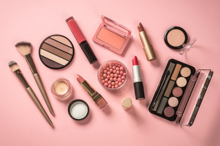Make up products at pink background top view.の写真素材