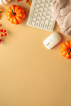 Autumn office workspace. Autumn flat lay background.の写真素材