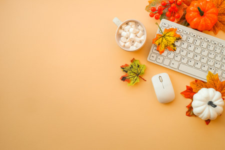 Autumn office workspace. Autumn flat lay background.の写真素材