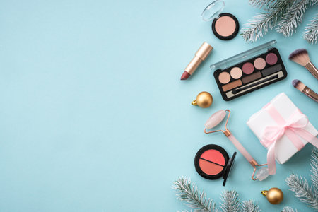 Winter cosmetic with holiday decorations on blue.の写真素材