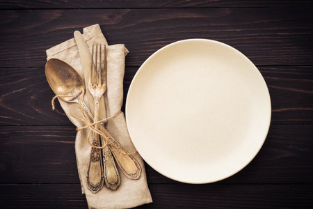 Fall table setting at dark background top view..の写真素材