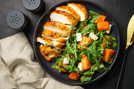 Chicken salad with pumpkin and arugula.の写真素材