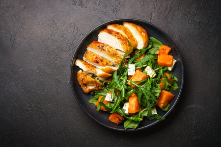 Chicken salad with pumpkin and arugula.の写真素材