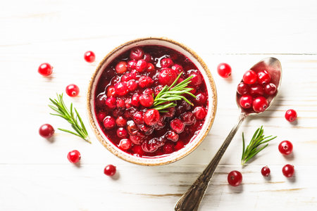 Cranberry sauce in a bowl top view.の写真素材