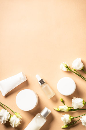 Natural cosmetic products with green leaves and flowers.の写真素材