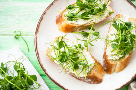Toast with cream cheese and micro greens.の写真素材