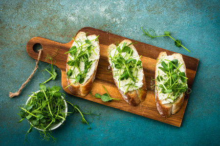Toast with cream cheese and micro greens.の写真素材
