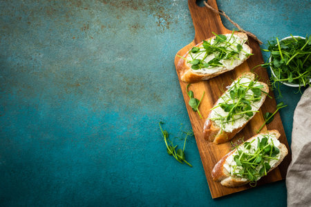 Toast with cream cheese and micro greens.の写真素材