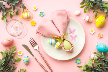 Easter table setting, Easter food background.の写真素材