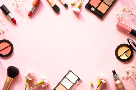 Makeup professional cosmetics on pink background.の写真素材