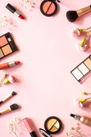Makeup professional cosmetics on pink background.の写真素材