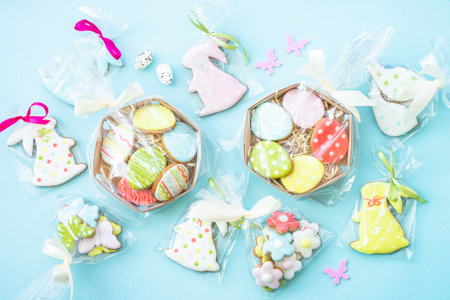 Easter gingerbread cookies top view on blue,の写真素材