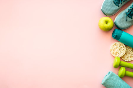 Healthy lifestyle concept. Fitness equipment and diet food.の写真素材