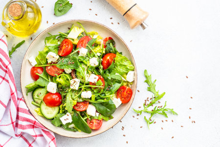 Green salad with spinach, arugula and radish with olive oil.の写真素材