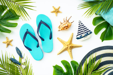 Summer flat lay background, sea vacation on white.