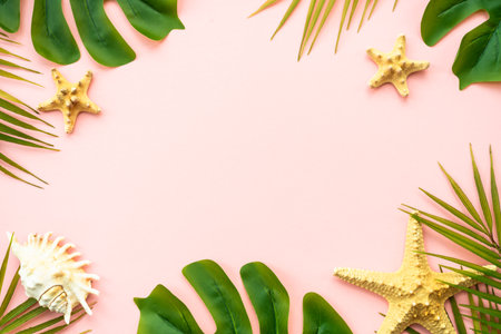 Summer flat lay background tropacal leaves on white.の写真素材