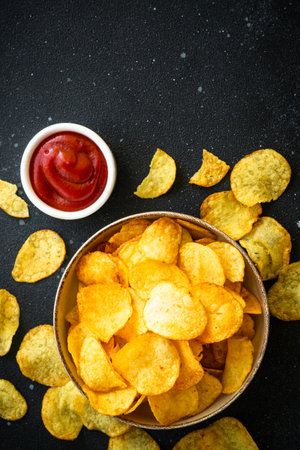 Potato chips and ketchup on black table. Top view.の写真素材