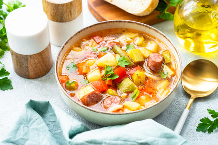Minestrone soup, italian vegetable soup with smoked sausages.の写真素材