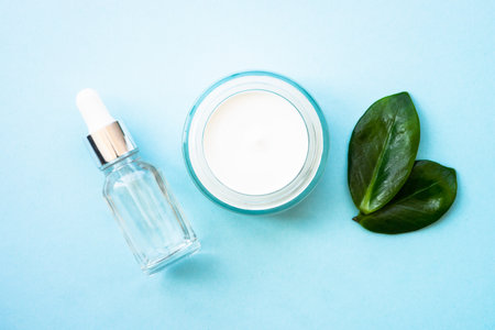 Natural cosmetic products on blue background.の写真素材