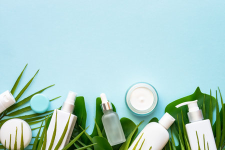 Natural cosmetic products with green leaves.