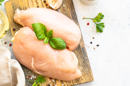 Chicken fillet, raw chicken meat with spices at cutting board on white table.の写真素材