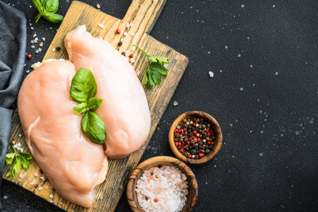 Chicken fillet, raw chicken meat breast with spices at dark background.の写真素材
