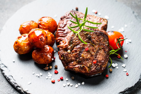 Meat steaks with vegetables and herbs at black board.の写真素材