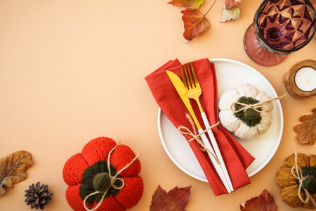 Thanksgiving table top view on color background.の写真素材