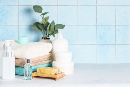 Cosmetic products and clean towels in the bathroom.の写真素材