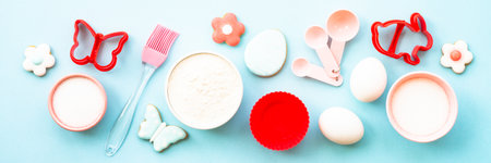 Easter baking background at blue flat lay.の写真素材