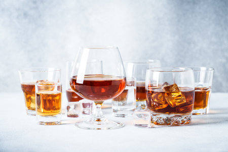 Strong alcohol drink. Whisky, rum, tequila, cognac.の写真素材