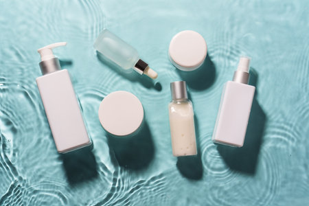 Natural cosmetic products in the water with waves on blue.の写真素材