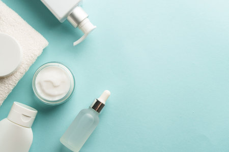 Natural cosmetic products on blue background.の写真素材