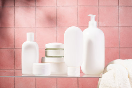 Cosmetic products at glass shelf at pink bathroom background.の写真素材