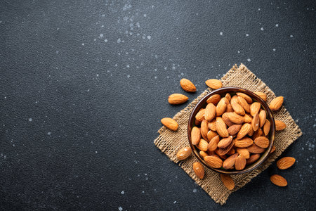 Almond nuts in bowl at black background.の写真素材