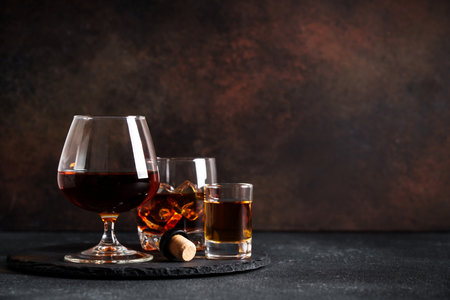 Strong alcohol drink. Whisky, rum, tequila, cognacの写真素材