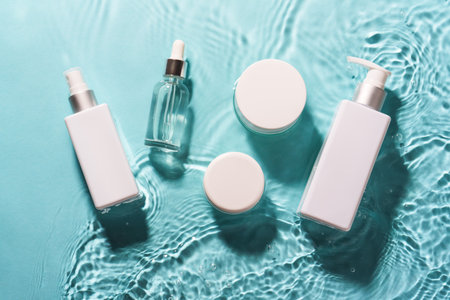 Natural cosmetic products in the water with waves on blue.の写真素材