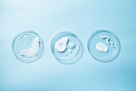 Cosmetic smears, product textures in petry dish on blue background.の写真素材