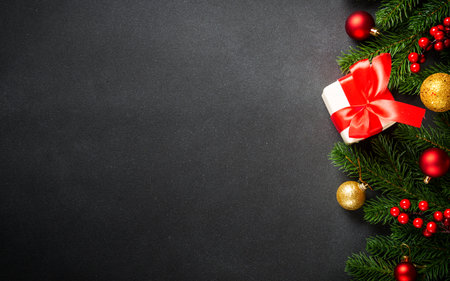 Black christmas flat lay background.の写真素材