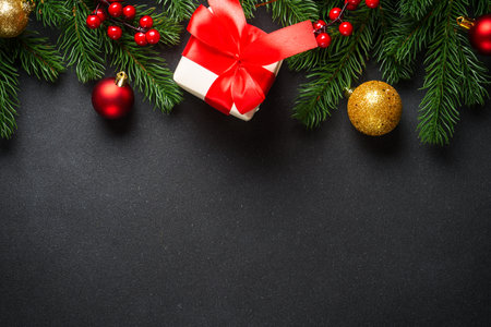 Black christmas flat lay background.の写真素材