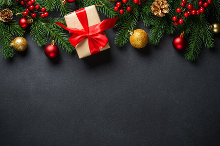 Black christmas flat lay background.の写真素材