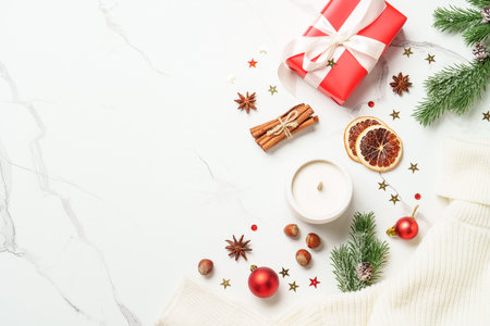 Christmas flat lay composition on white marble background.の写真素材