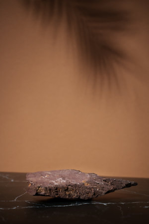 Cosmic background with stone podium and dark shadows.