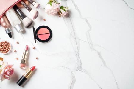 Cosmetic products on white background. Top view with copy space.の写真素材