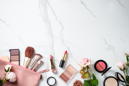 Cosmetic products on white background. Top view with copy space.の写真素材